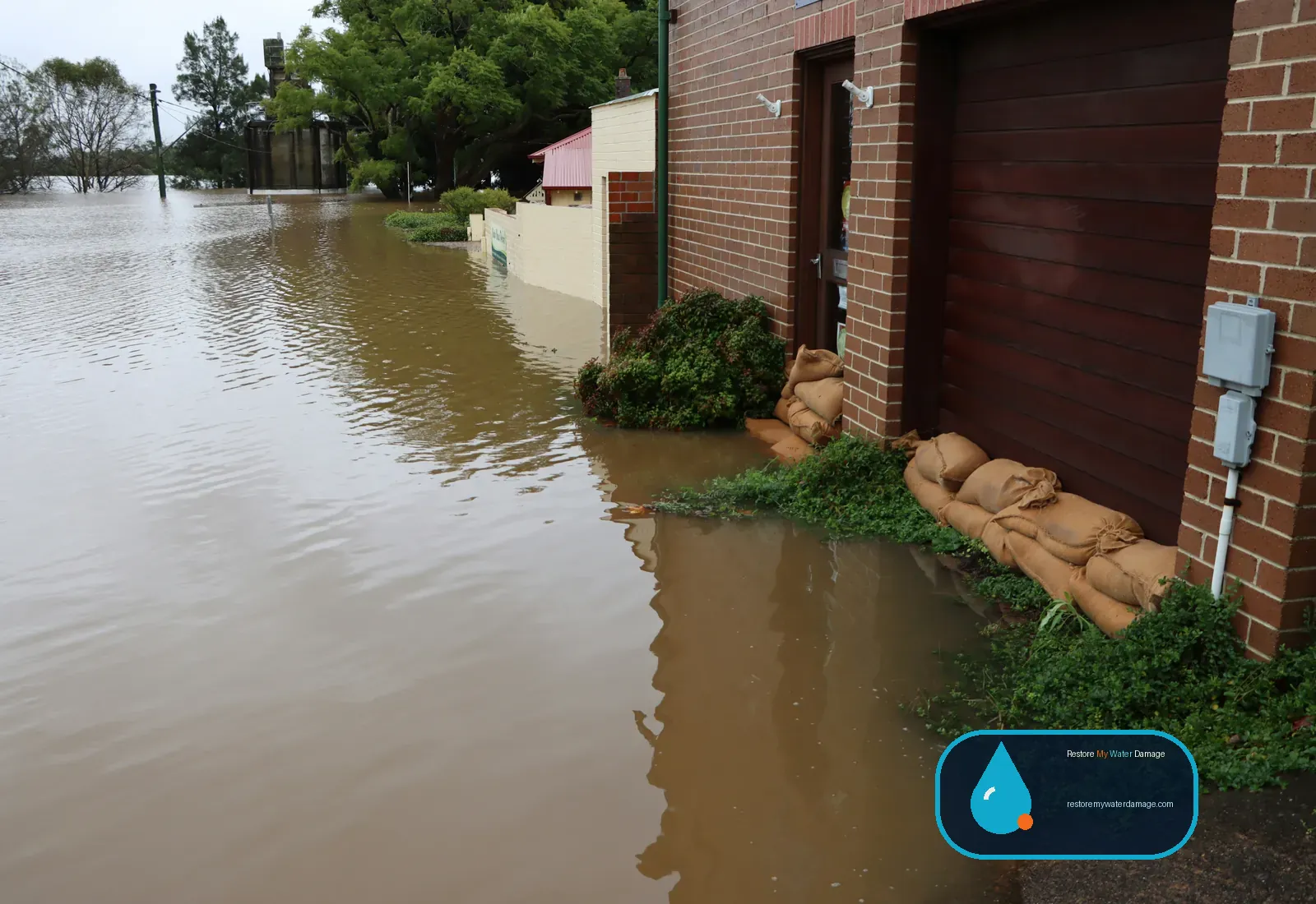 Floodwater surrounding a brick home with sandbags at the door before flood damage restoration