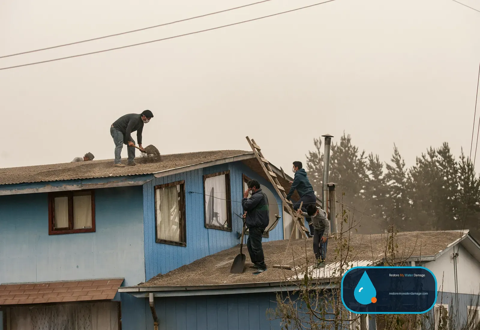Workers repairing a house roof after a storm to stop storm and rain water damage