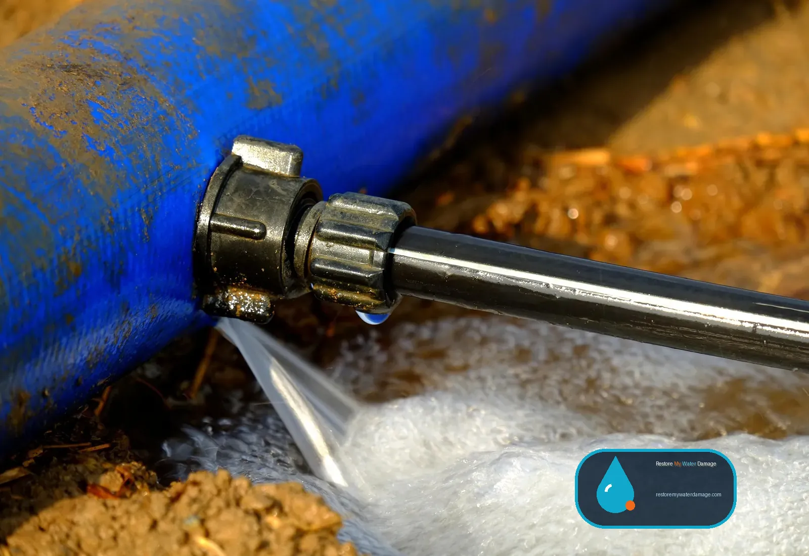 High-pressure water hose fitting spraying water, part of a water damage restoration equipment guide