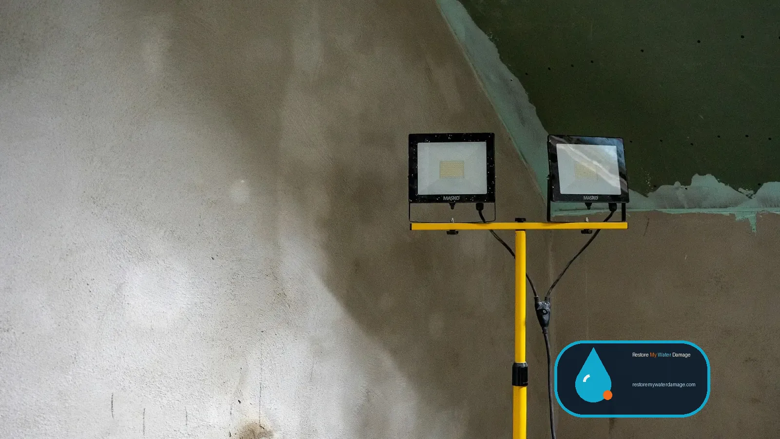 Work light beside a stripped wall with fresh plaster during basement water damage restoration work