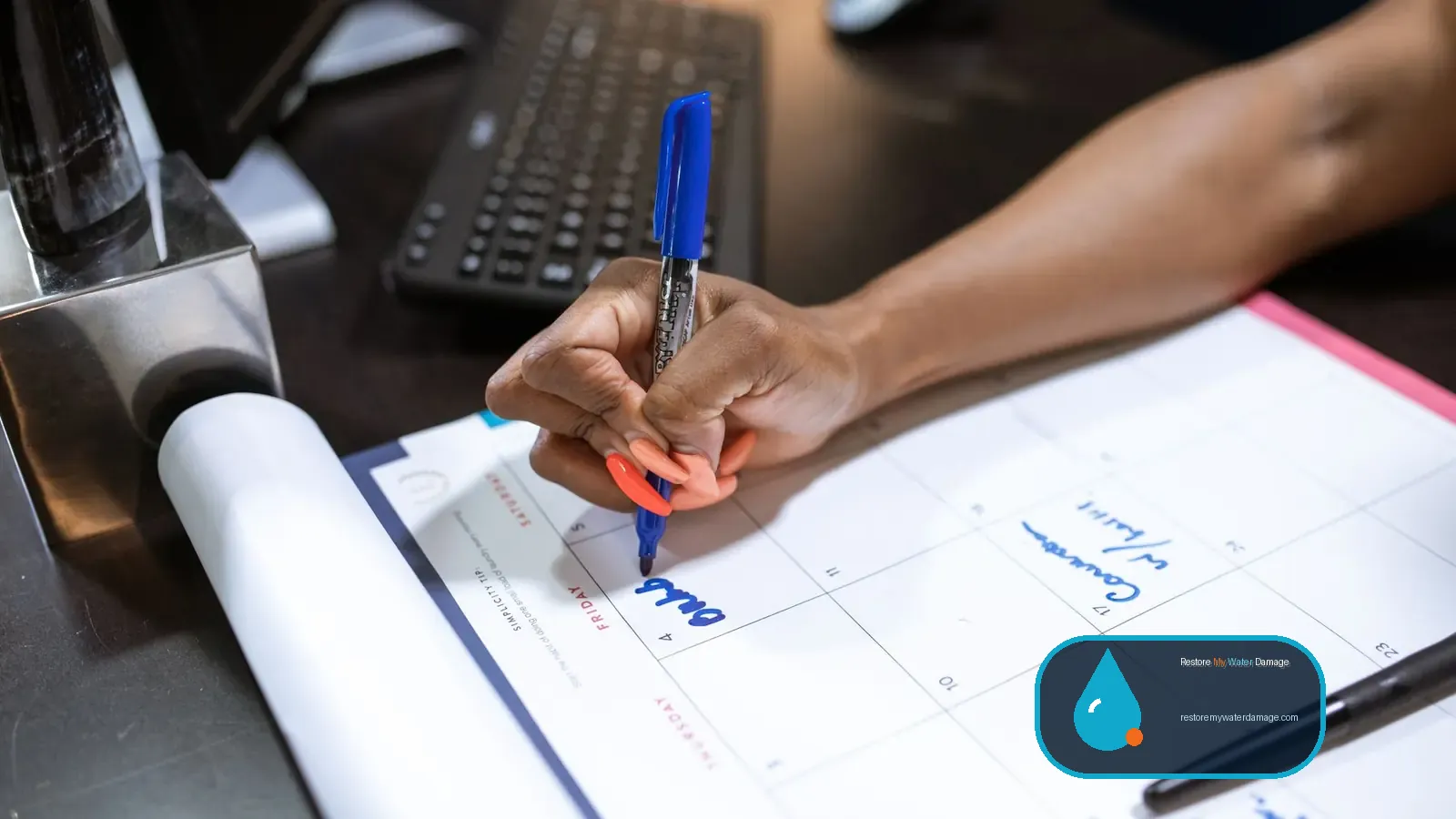 Hand writing dates on a calendar to map how long water damage restoration takes