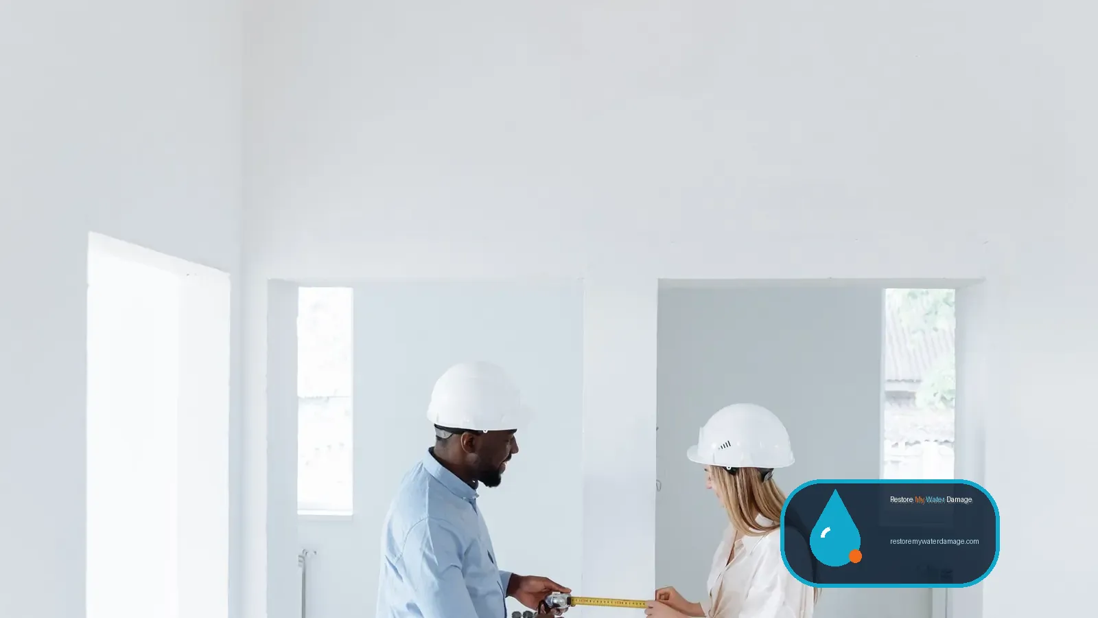Contractor and homeowner inspecting walls together during residential water damage restoration