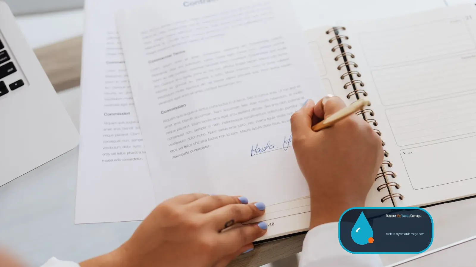 Hands signing a printed agreement after reviewing water damage resources and estimates