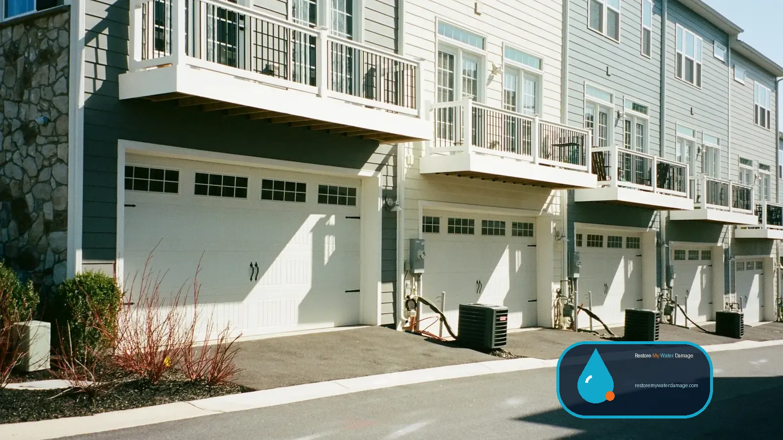 Row of modern townhomes with attached garages, a shared-wall setting for water damage restoration Carrollton Lewisville, TX