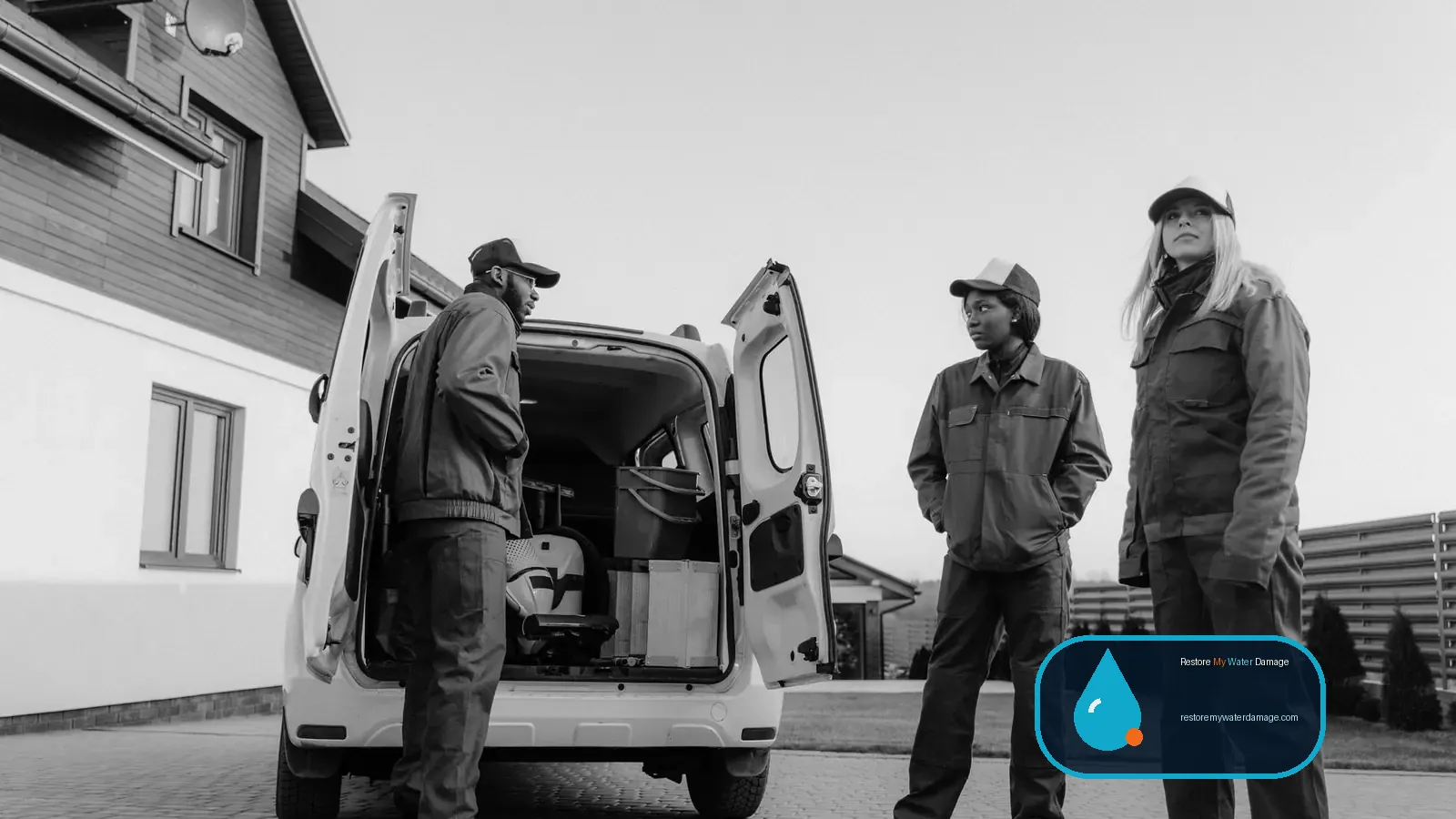 Crew in coveralls unloading equipment from a service van, as a water damage restoration company arrives