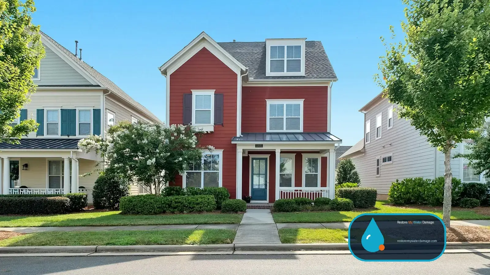 Red two-story home with a small lawn in a subdivision, served by water damage restoration Concord Cabarrus County, NC
