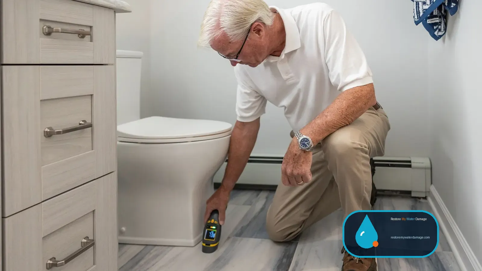 Man checking a bathroom baseboard with handheld water damage restoration equipment