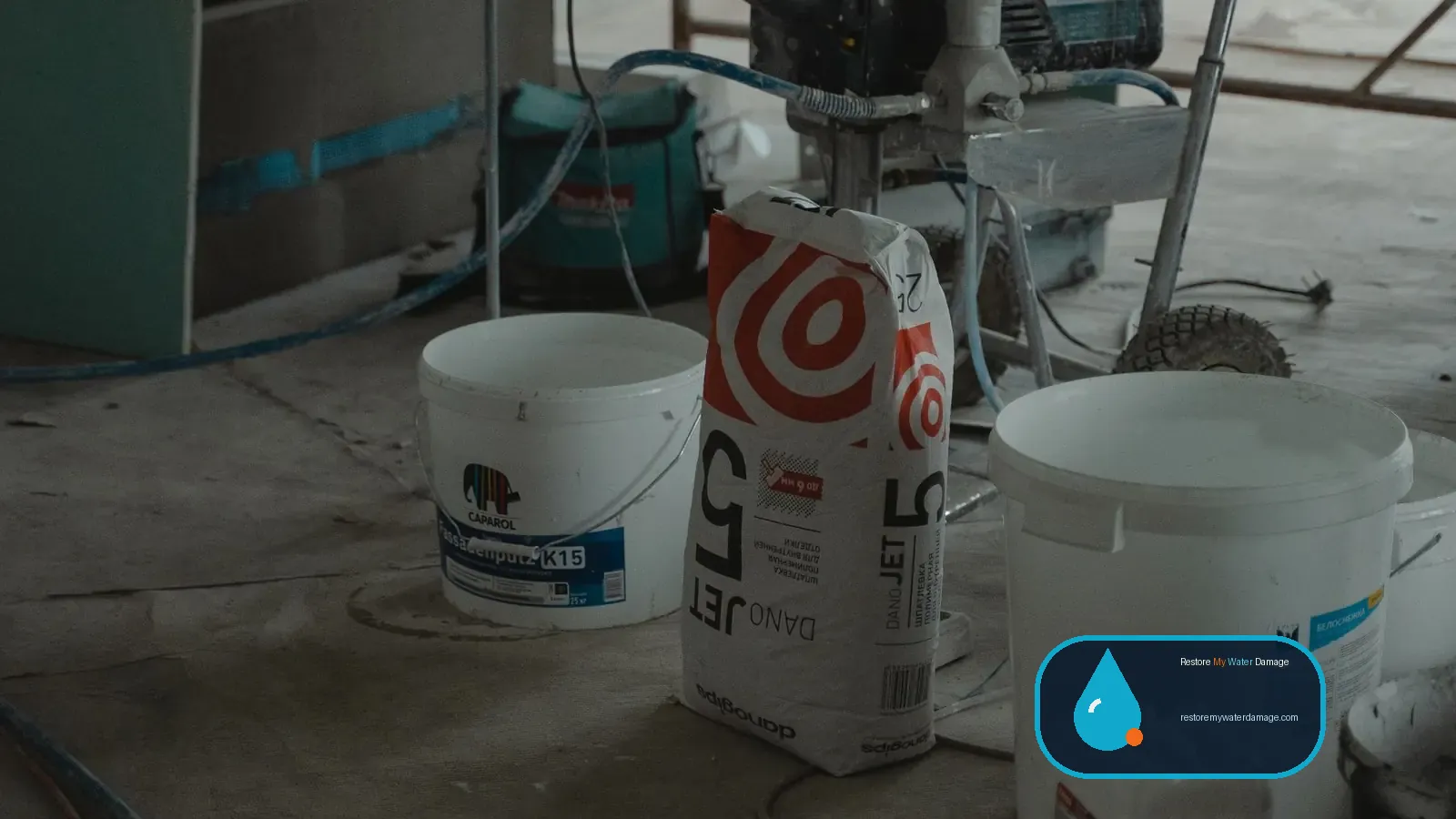Hoses, buckets and machines on an indoor job site, similar to water damage restoration equipment setups