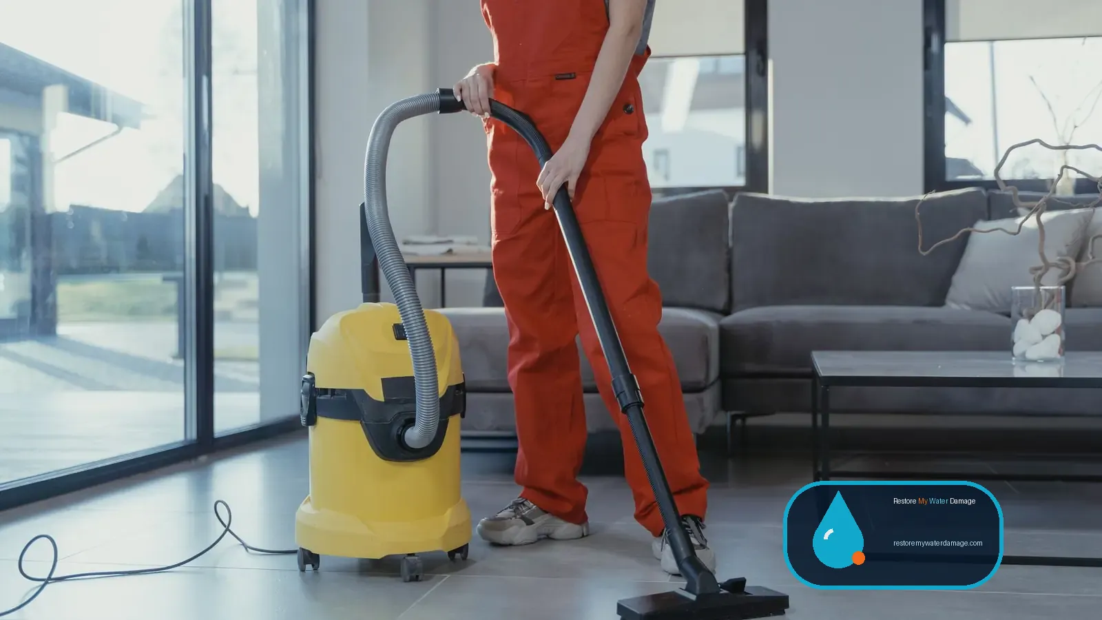 Worker in coveralls running a canister vacuum, basic water damage restoration equipment in use