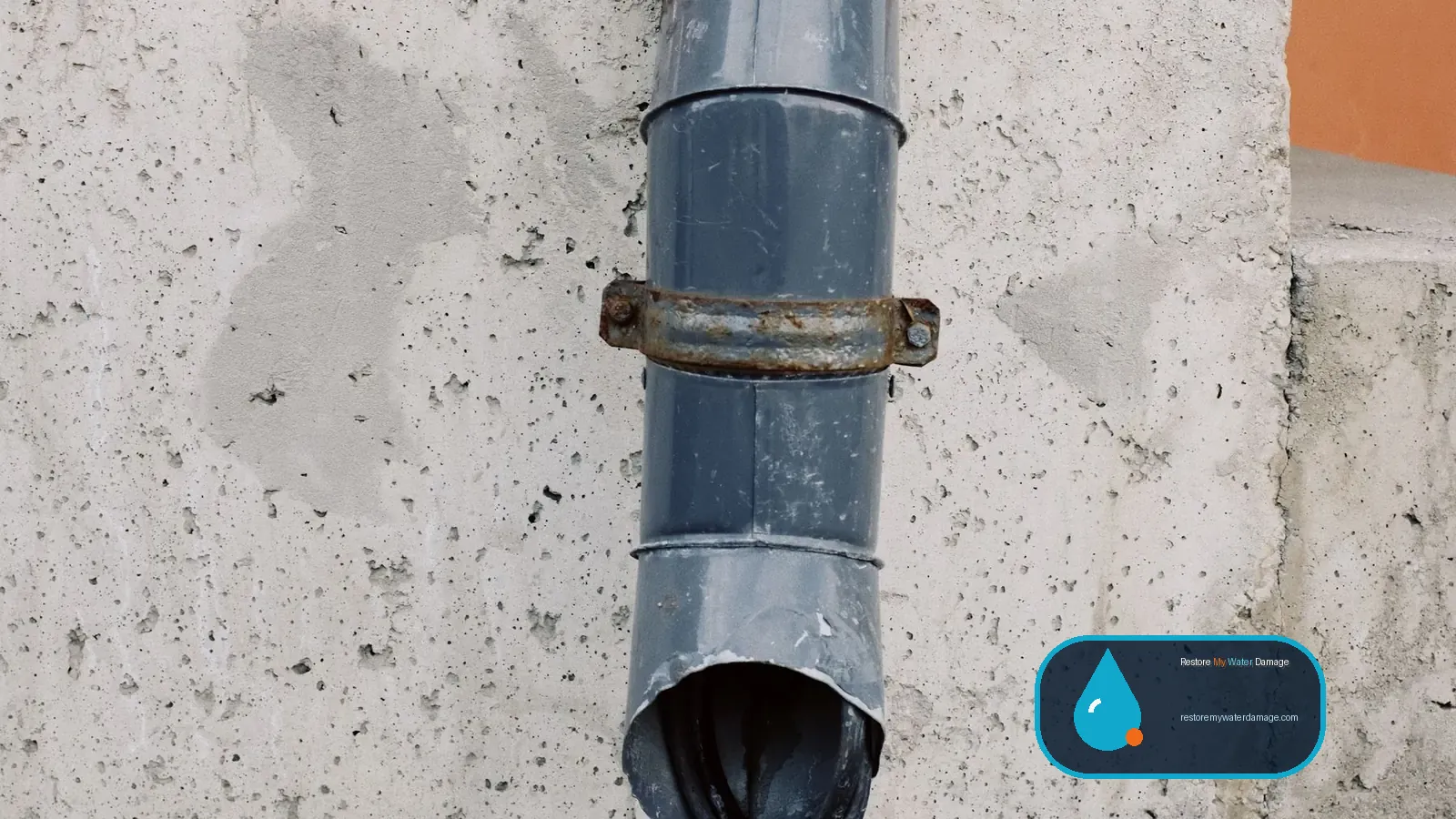 Downspout draining onto wet pavers, a drainage issue for water damage restoration Greater Orange County