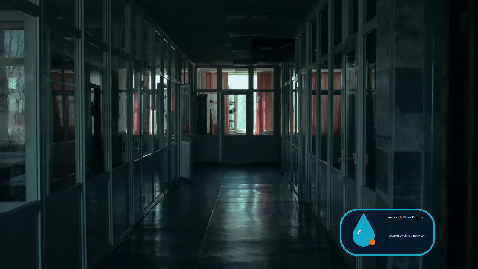 Dim office corridor with glass partitions, needing water damage restoration in King of Prussia Main Line