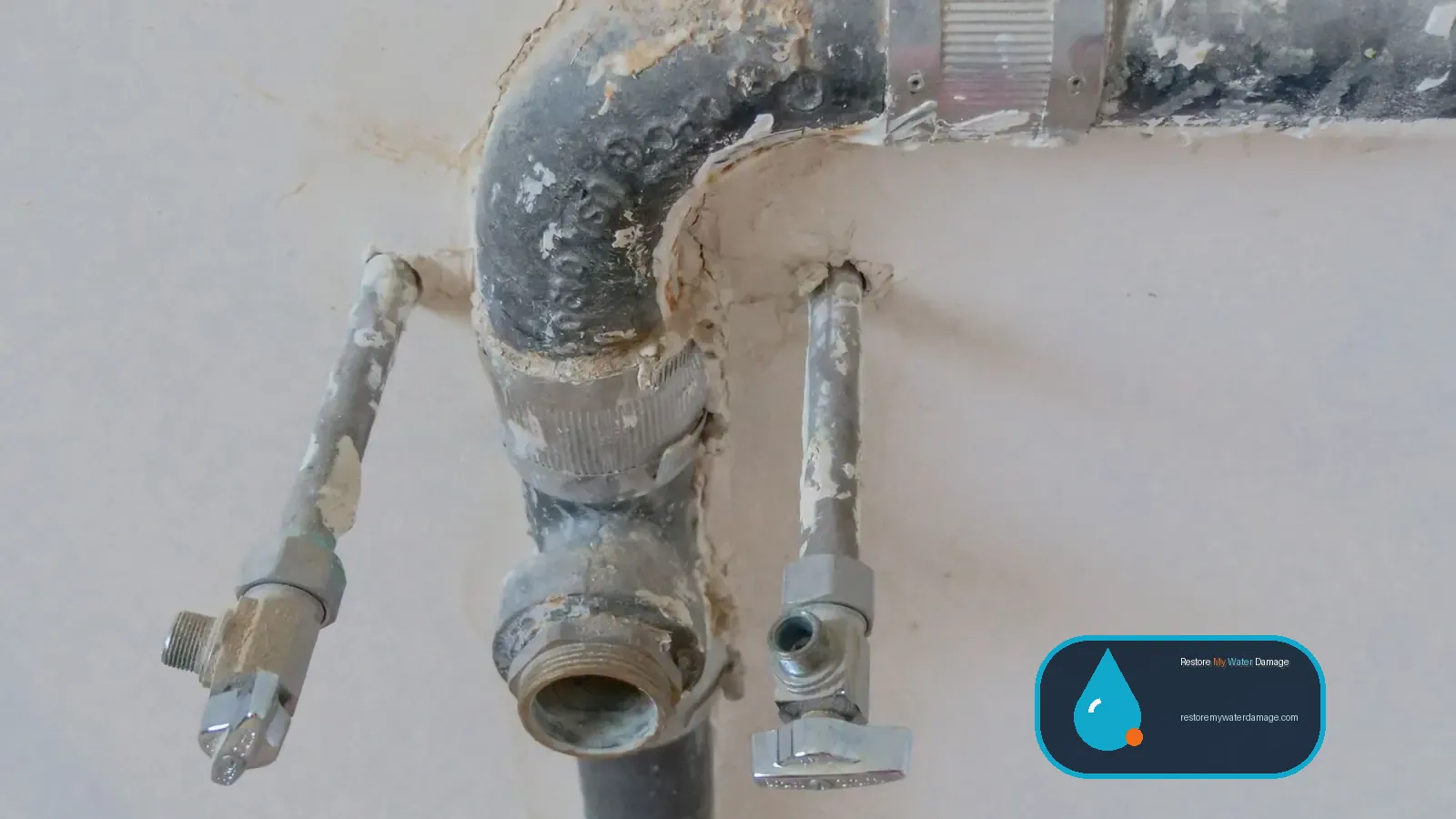 Old corroded supply pipes exposed on a patched wall during water damage restoration Los Angeles, CA