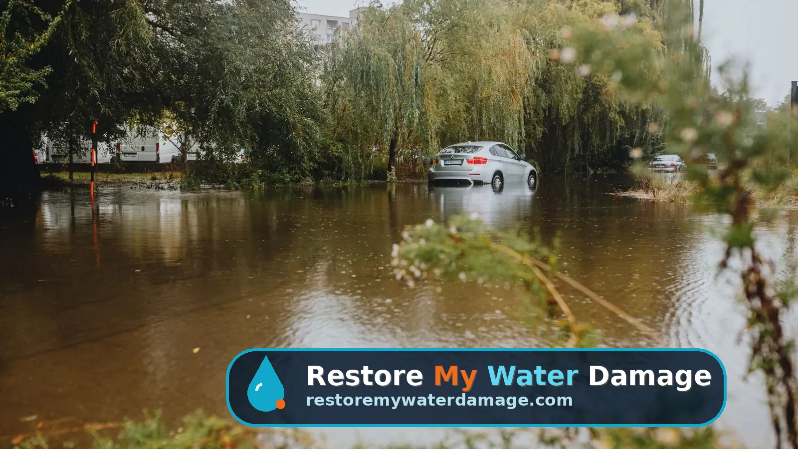 Car in brown floodwater on a tree-lined suburban street, needing water damage restoration in Central Jersey
