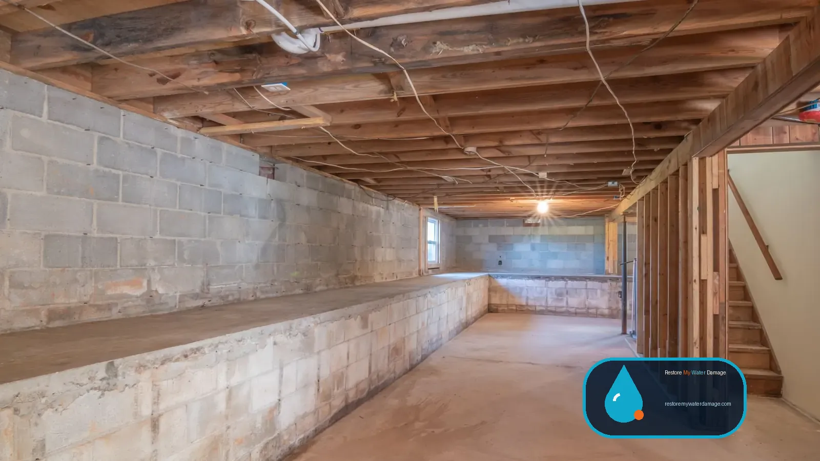 Unfinished concrete block basement where a sump pump supports water damage restoration in New Jersey