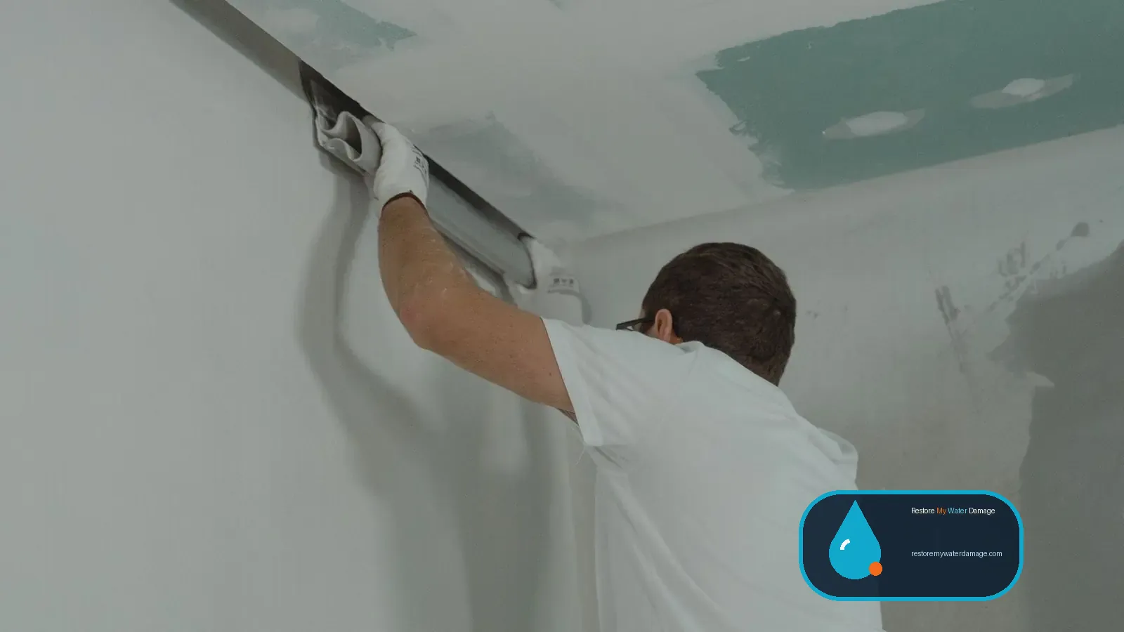 Worker installing new drywall as part of water damage restoration in New Jersey basements