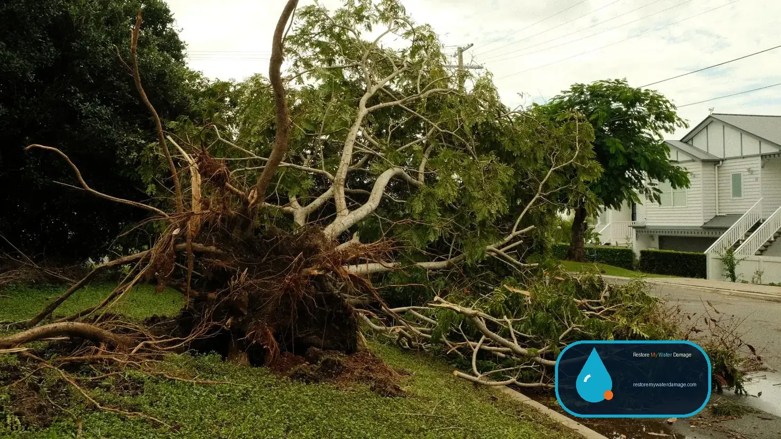Uprooted tree across a suburban yard after a storm, leading to water damage restoration in North Carolina