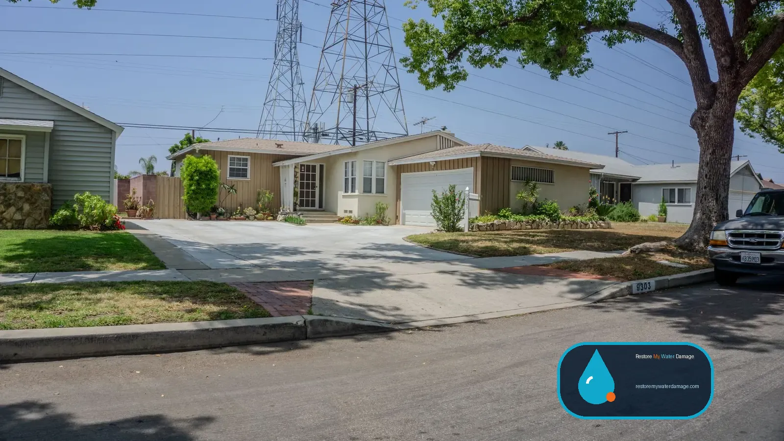 Single-story mid-century ranch homes on a sunny street, typical of water damage restoration San Jose South Bay jobs