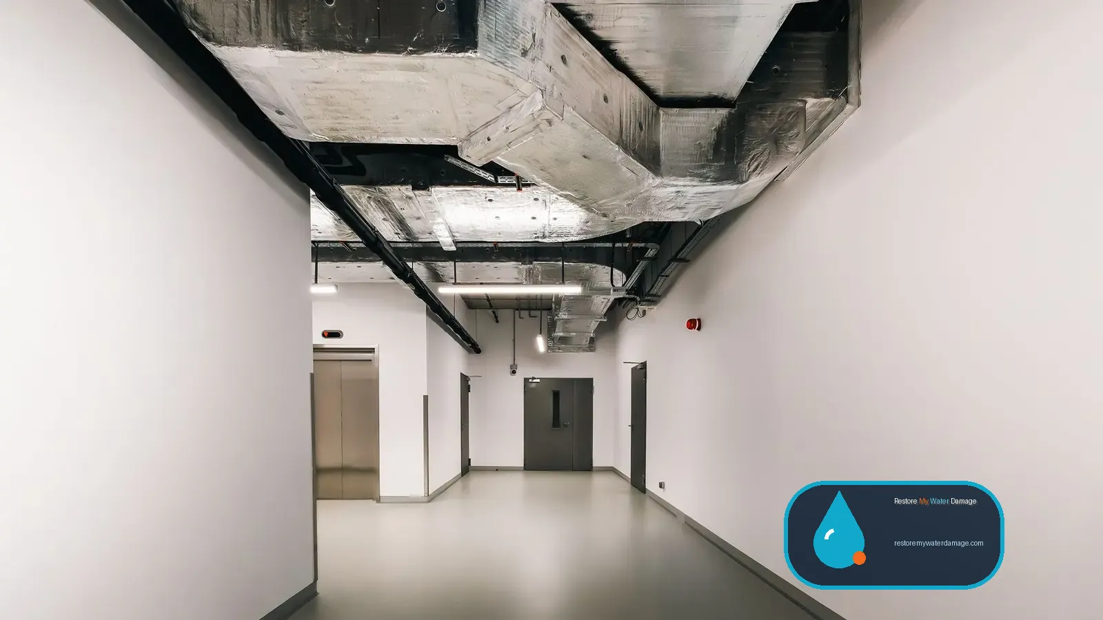 Commercial corridor with exposed HVAC ductwork overhead, a water damage restoration Santa Clara South Bay space