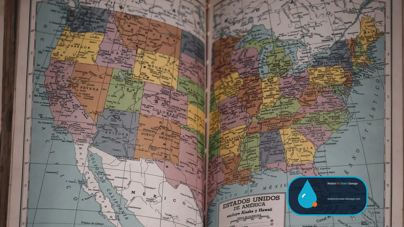 Open atlas map of the United States showing states within our water damage restoration service areas