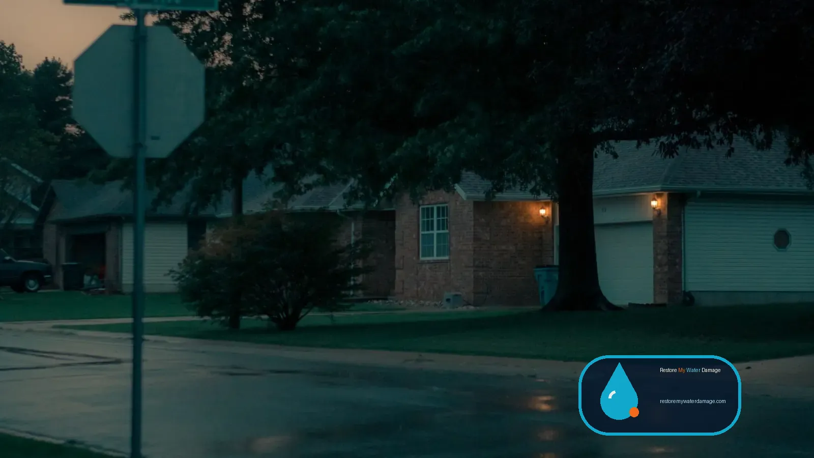 Rain-soaked neighborhood street at dusk after a storm, before water damage restoration in South Carolina