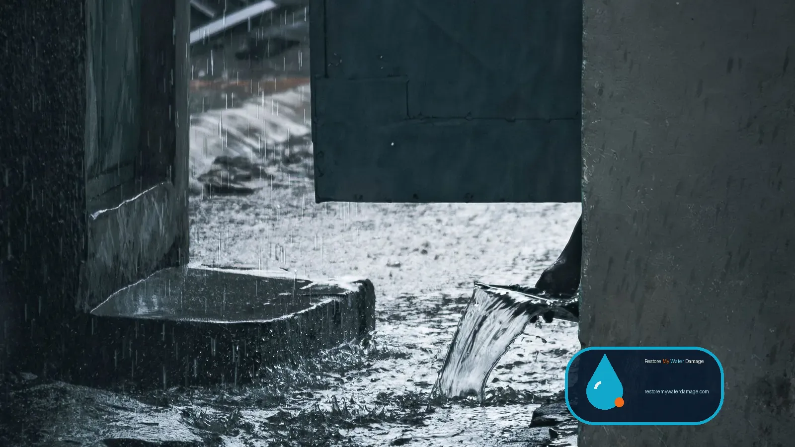 Rainwater pouring across a concrete entry in a downpour, prompting water damage restoration in Tennessee