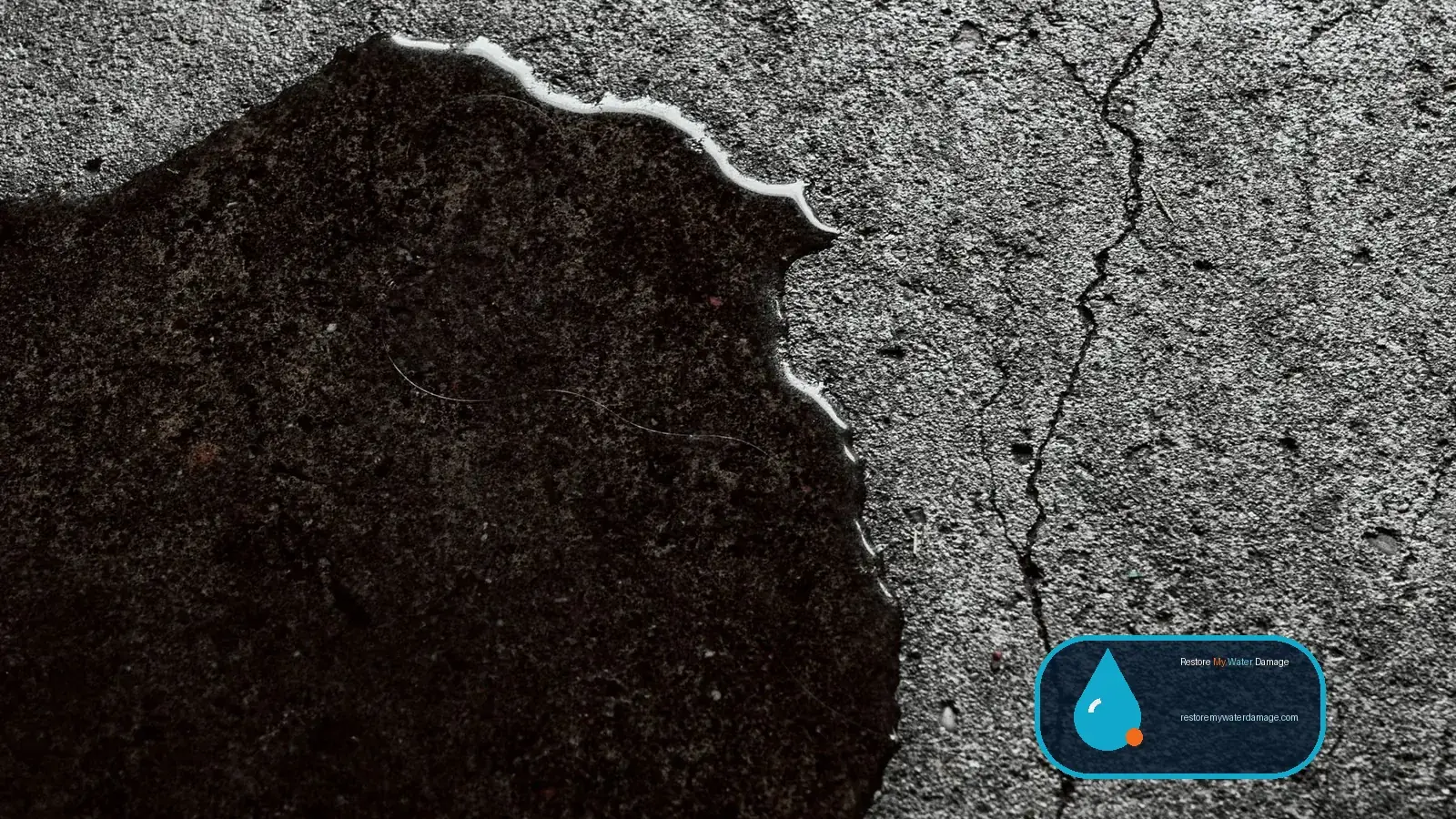 Wet patch spreading across cracked concrete, an early sign for water damage restoration in Tennessee