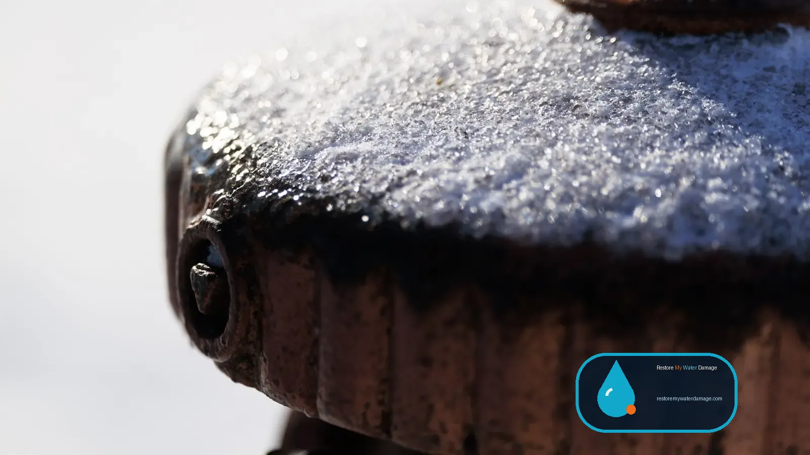 Frost-covered outdoor water valve in winter, a freeze risk for water damage restoration in Washington